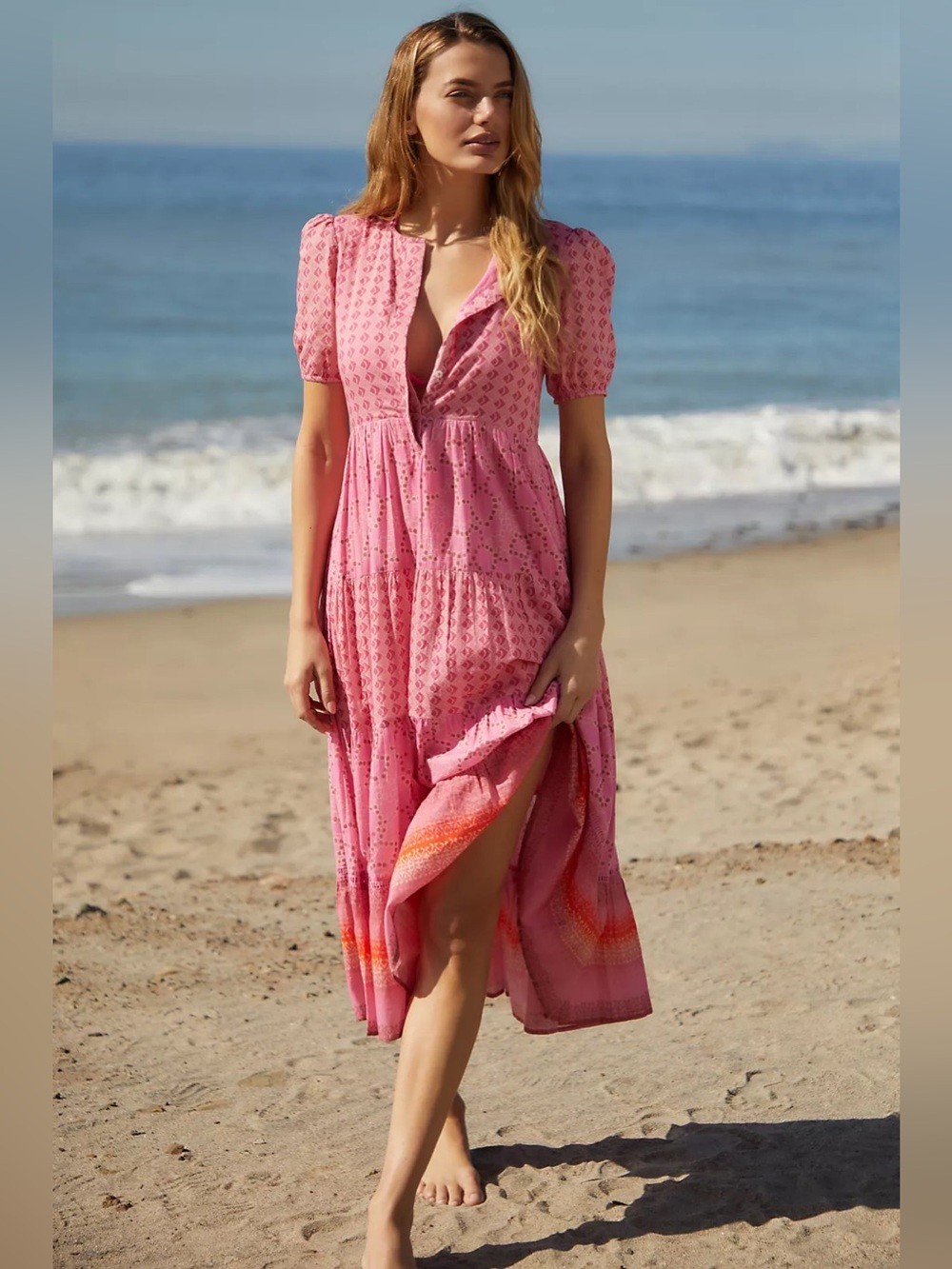 Ro's Garden Daphne Printed Cotton Midi-Dress Pink Kokoro Size Large